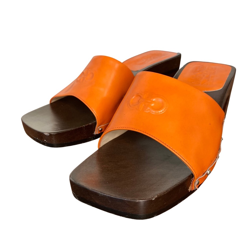 Salvatore Ferragamo Vintage Classic Orange Wooden Heel Sandal Clogs Size 7. 5